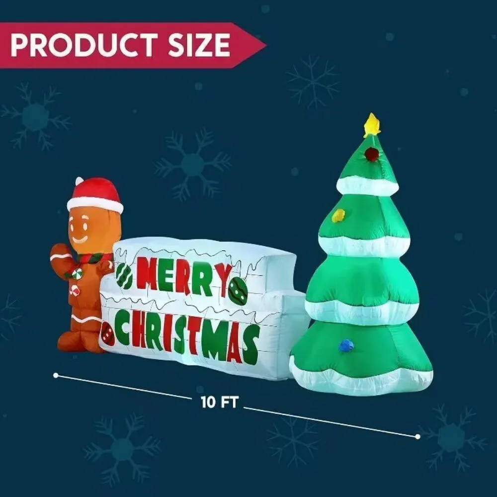 10' Christmas Inflatable Gingerbread Man & Christmas Tree w Merry Christmas Sign